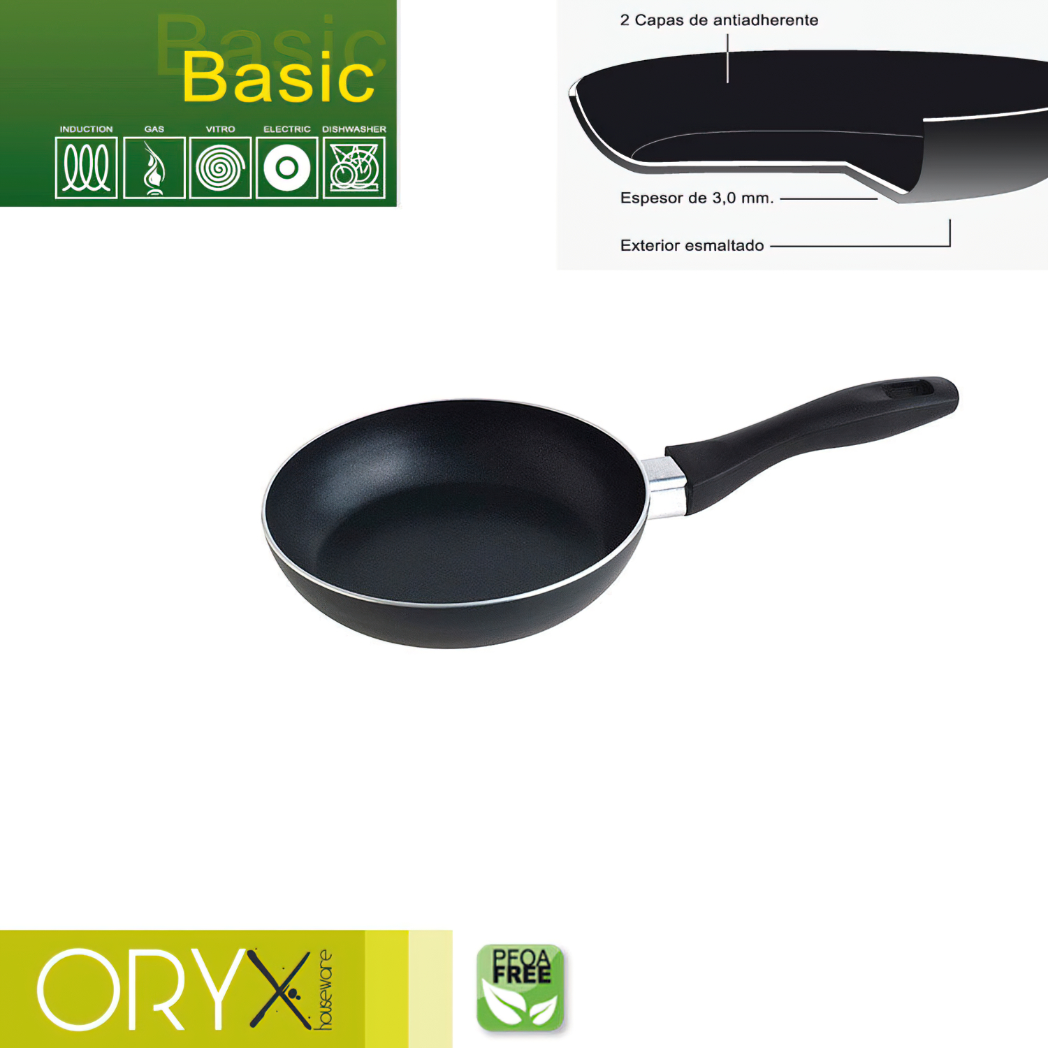 Oryx Sartén Aluminio Antiadherente Basic, Alta Resistencia, Apta Inducción, Libre PFOA, Diámetro 18 cm, Espesor 3 mm,