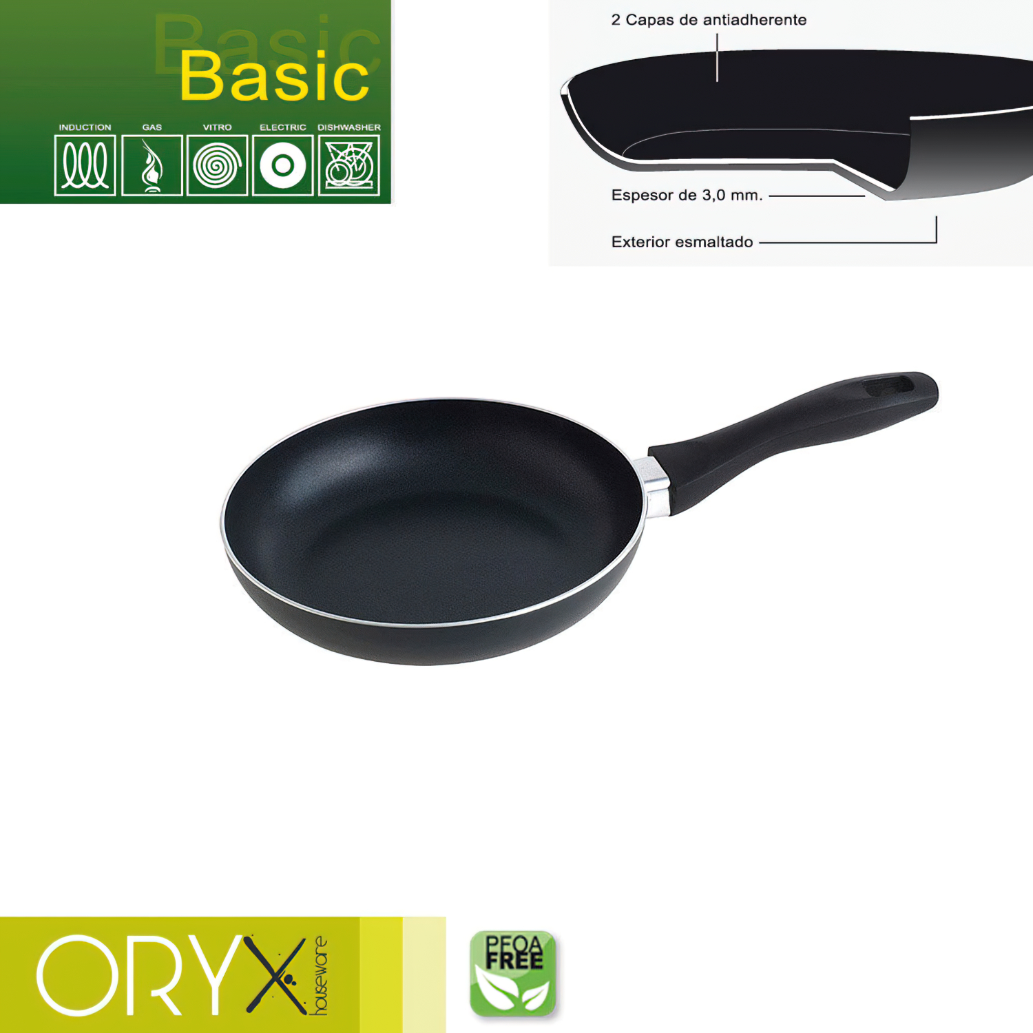 Oryx Sartén Aluminio Antiadherente Basic, Alta Resistencia, Apta Inducción, Libre PFOA, Diámetro 20 cm, Espesor 3 mm,