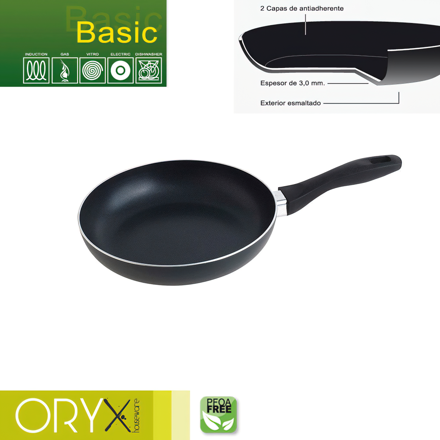 Oryx Sartén Aluminio Antiadherente Basic, Alta Resistencia, Apta Inducción, Libre PFOA, Diámetro 22 cm, Espesor 3 mm,