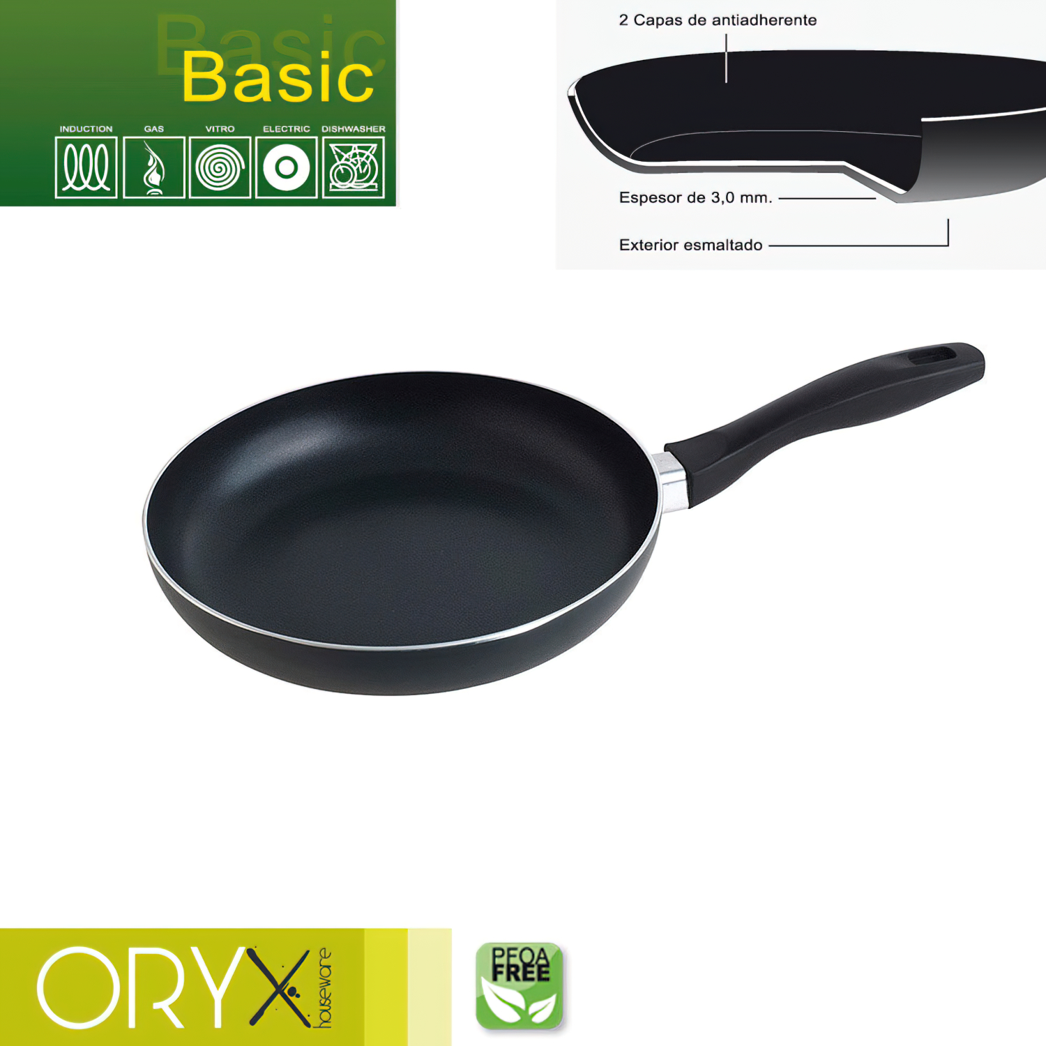 Oryx Sartén Aluminio Antiadherente Basic, Alta Resistencia, Apta Inducción, Libre PFOA, Diámetro 24 cm, Espesor 3 mm,