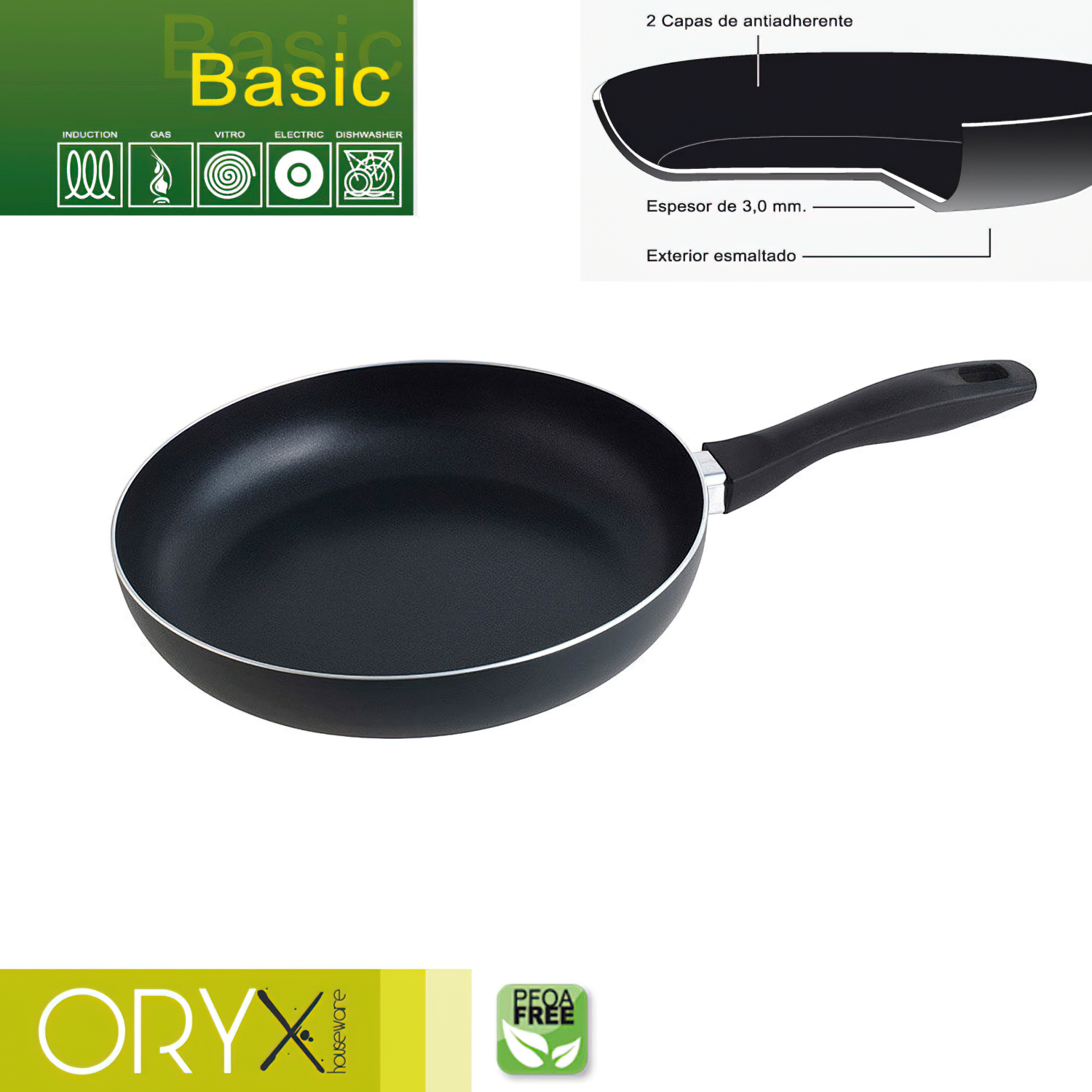 Oryx Sartén Aluminio Antiadherente Basic, Alta Resistencia, Apta Inducción, Libre PFOA, Diámetro 26 cm, Espesor 3 mm,