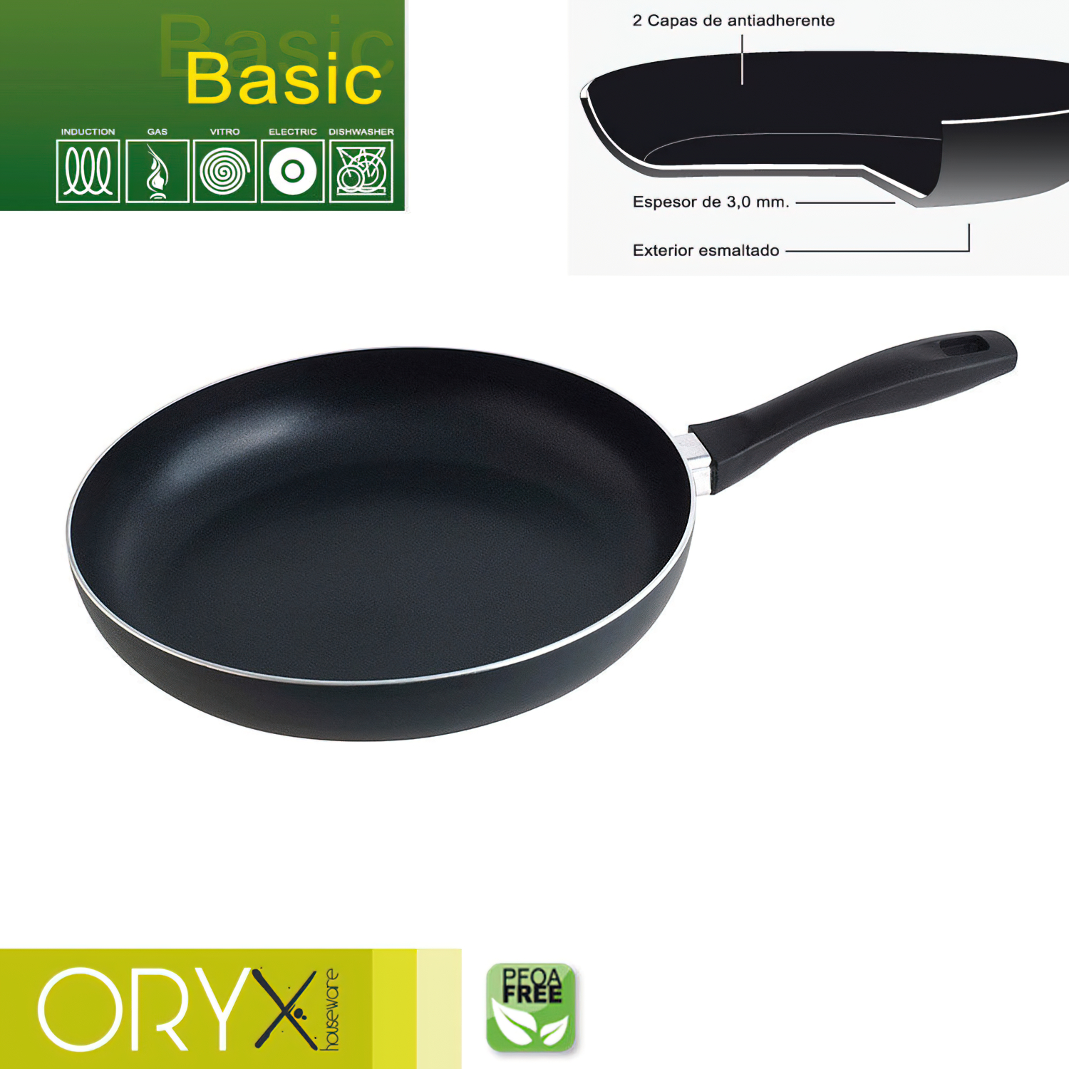 Oryx Sartén Aluminio Antiadherente Basic, Alta Resistencia, Apta Inducción, Libre PFOA, Diámetro 28 cm, Espesor 3 mm,