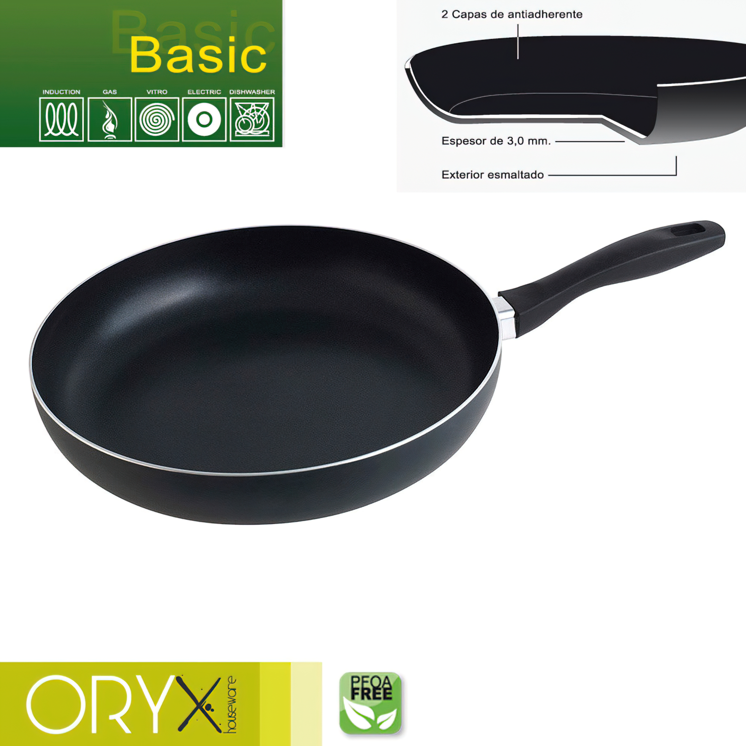 Oryx Sartén Aluminio Antiadherente Basic, Alta Resistencia, Apta Inducción, Libre PFOA, Diámetro 30 cm, Espesor 3 mm,