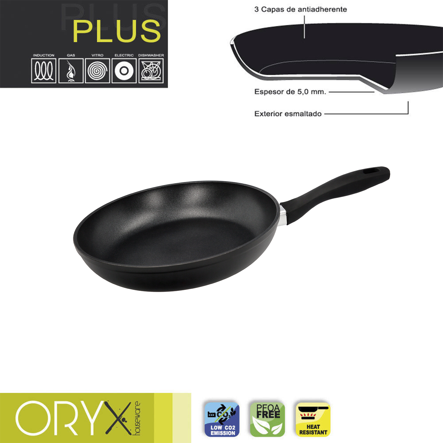 Oryx Sartén Aluminio Antiadherente Plus, Forjada, Apta Inducción, Libre PFOA, Diámetro 24 cm, Espesor 5 mm,