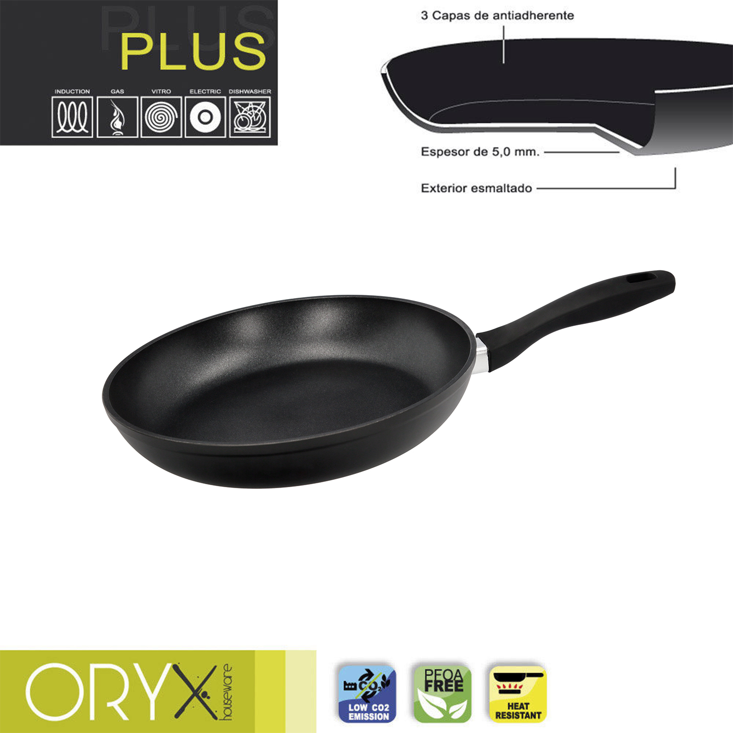 Oryx Sartén Aluminio Antiadherente Plus, Forjada, Apta Inducción, Libre PFOA, Diámetro 26 cm, Espesor 5 mm,