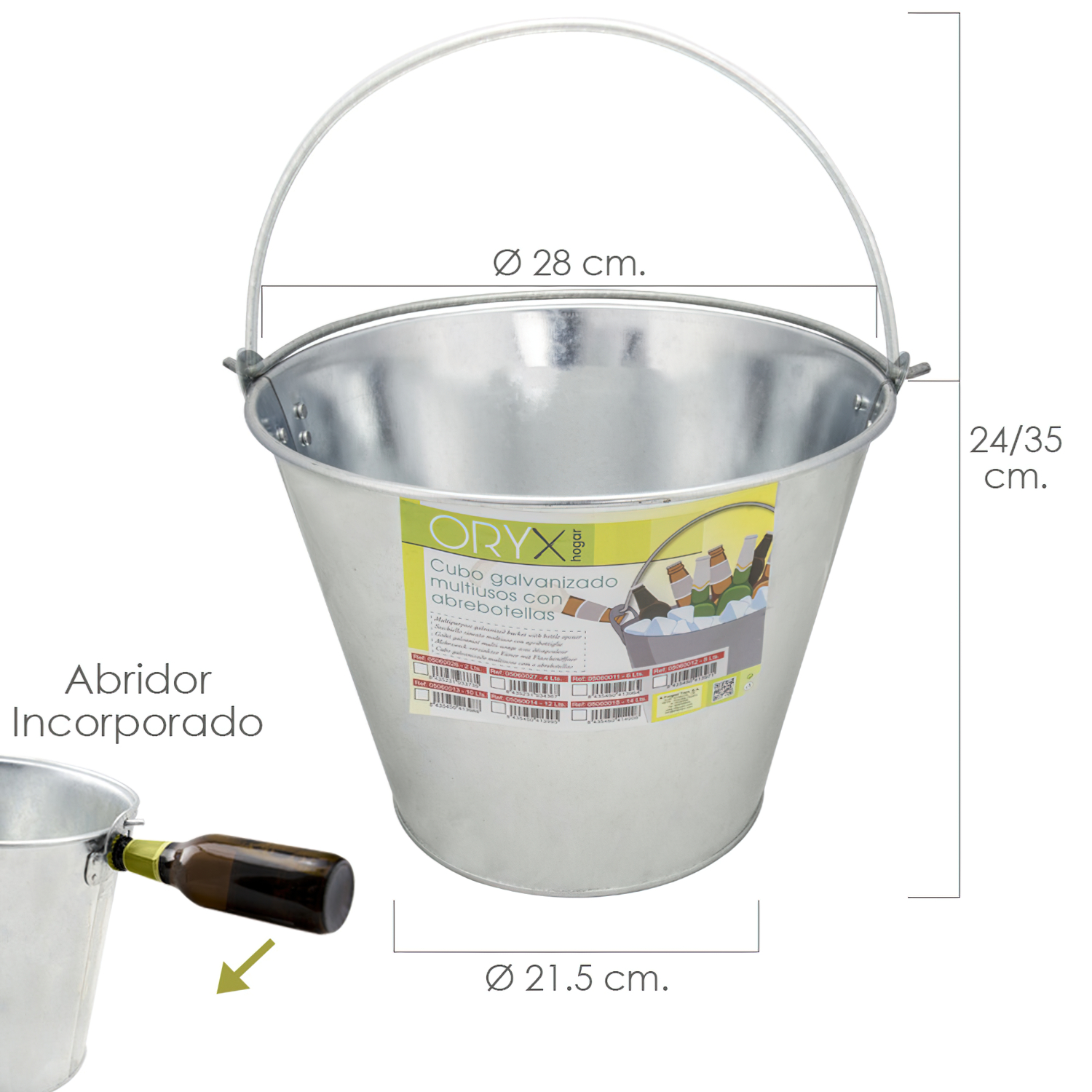 Cubo Zinc Metal Galvanizado Multiusos 10 Litros 28 x 21,5 x 24 (alt,) cm, con Abre Botellas