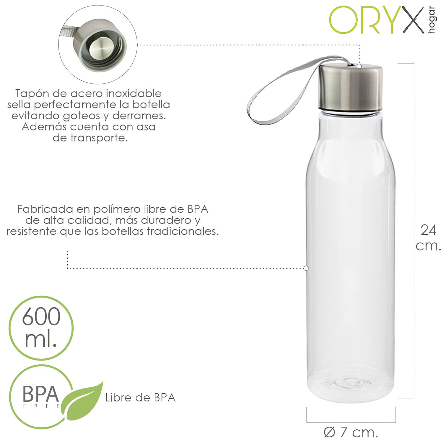 Botella Agua, Capacidad De 600 ML, Plastico Libre BPA, Con Asa, Tapon Acero Inoxidable,