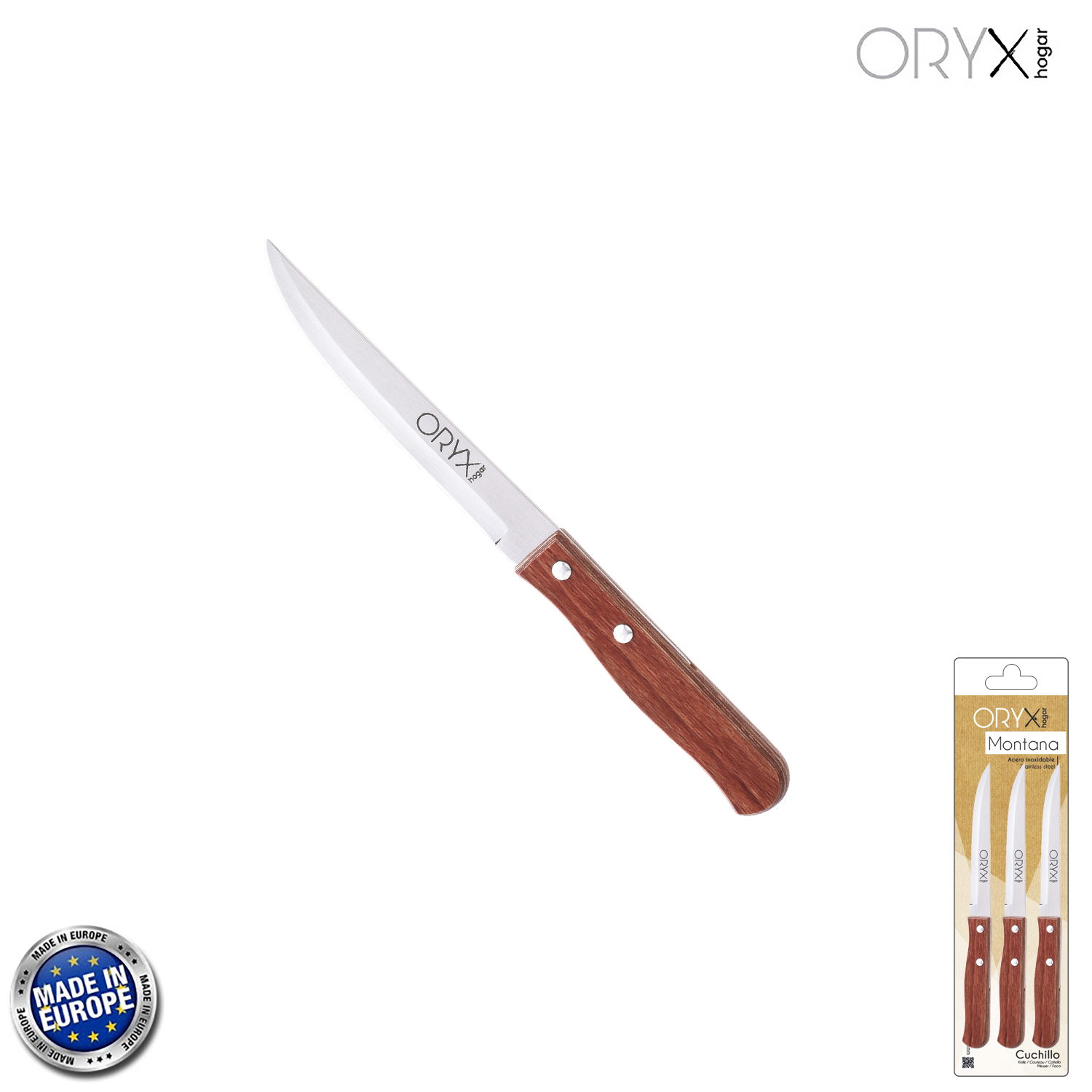 Cuchillo Montana Multiusos Hoja Lisa Acero Inoxidable 11 cm, Mango Madera (Blister 3 piezas)