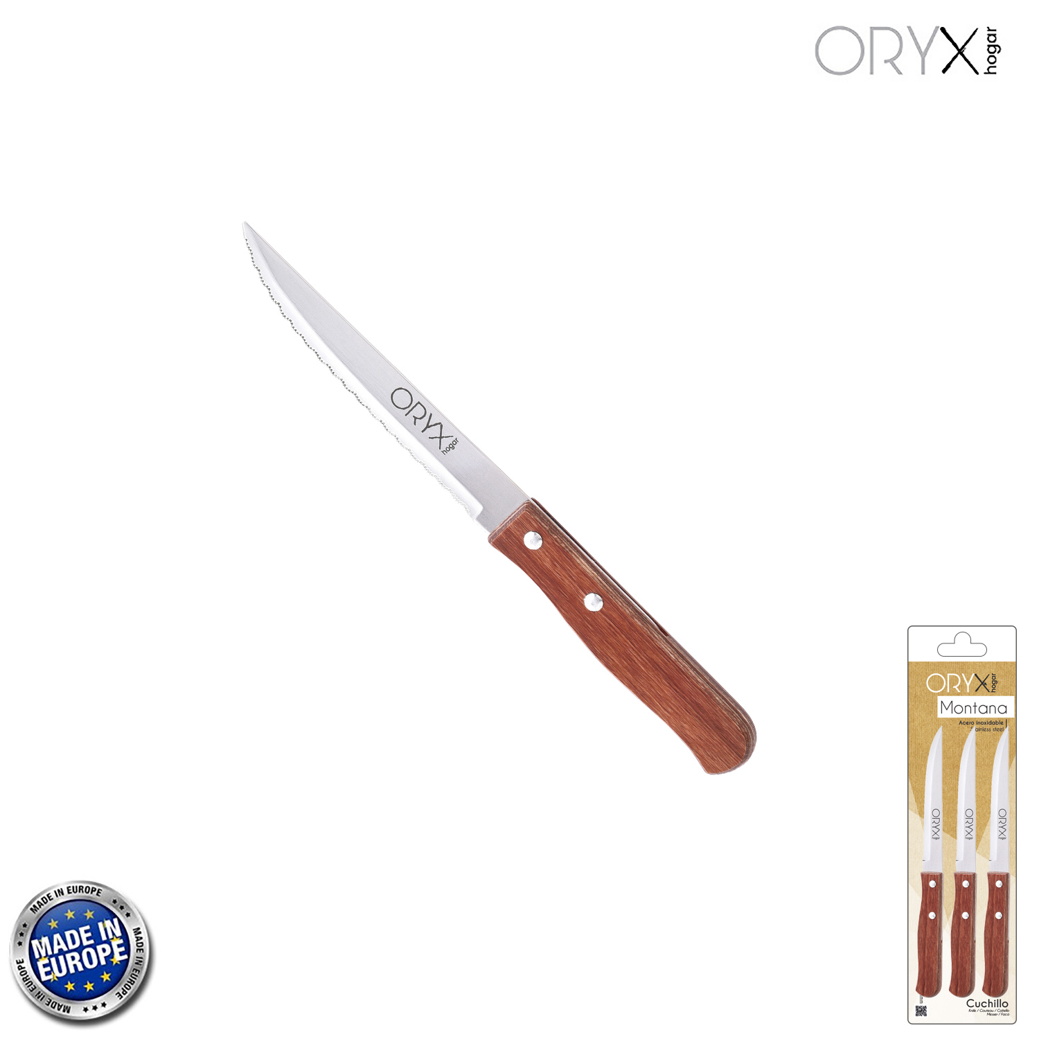 Cuchillo Montana Multiusos Hoja Sierra Acero Inoxidable 11 cm, Mango Madera (Blister 3 piezas)