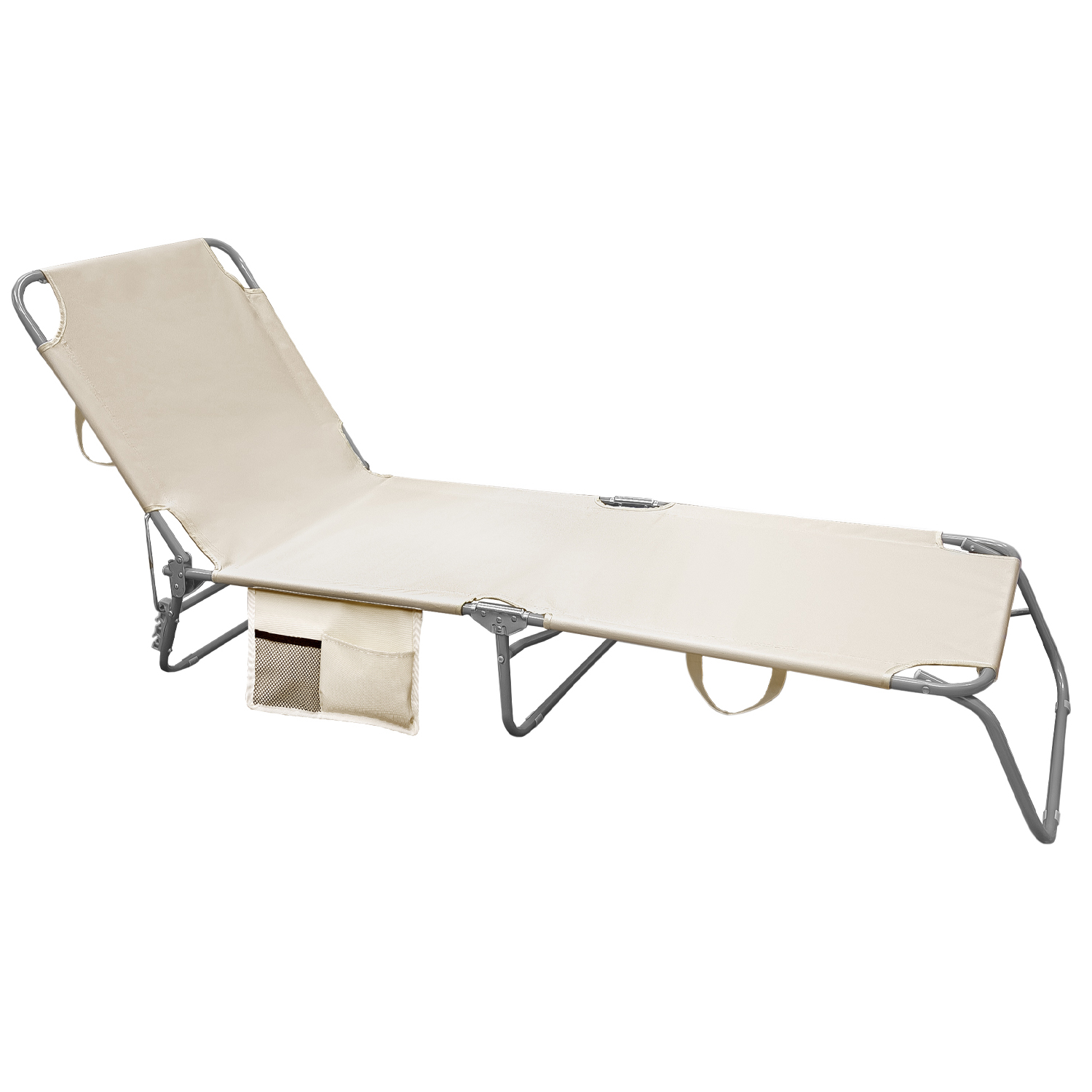 Tumbona Playa Cama Fabricada en Acero Con bolsillos, Color Beige, Reclinable 3 posiciones, Tumbona Jardin, Tumbona piscina,