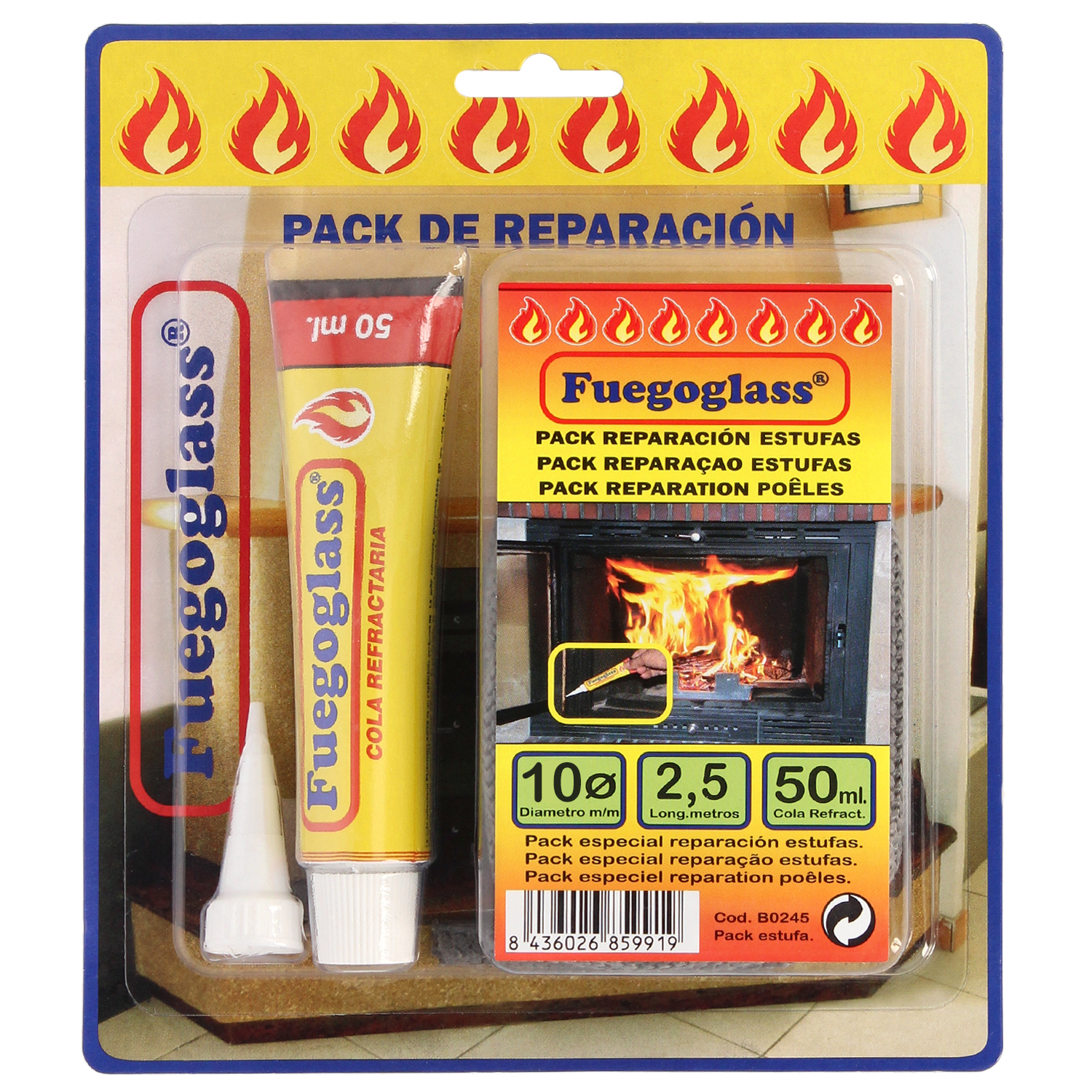 Kit Reparacion Estufas/Chimeneas, Cola Refractaria y Cordon Fibra Vidrio 10 mm, x 2,5 m,