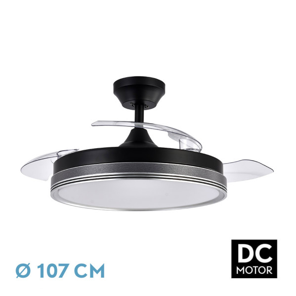 Ventilador Dc Escarcha Negro/gris 72w 3aspas Desplegables 107d 7200lm 6vel 3000k,4500k,6000k, Remoto+temporizador+memoria